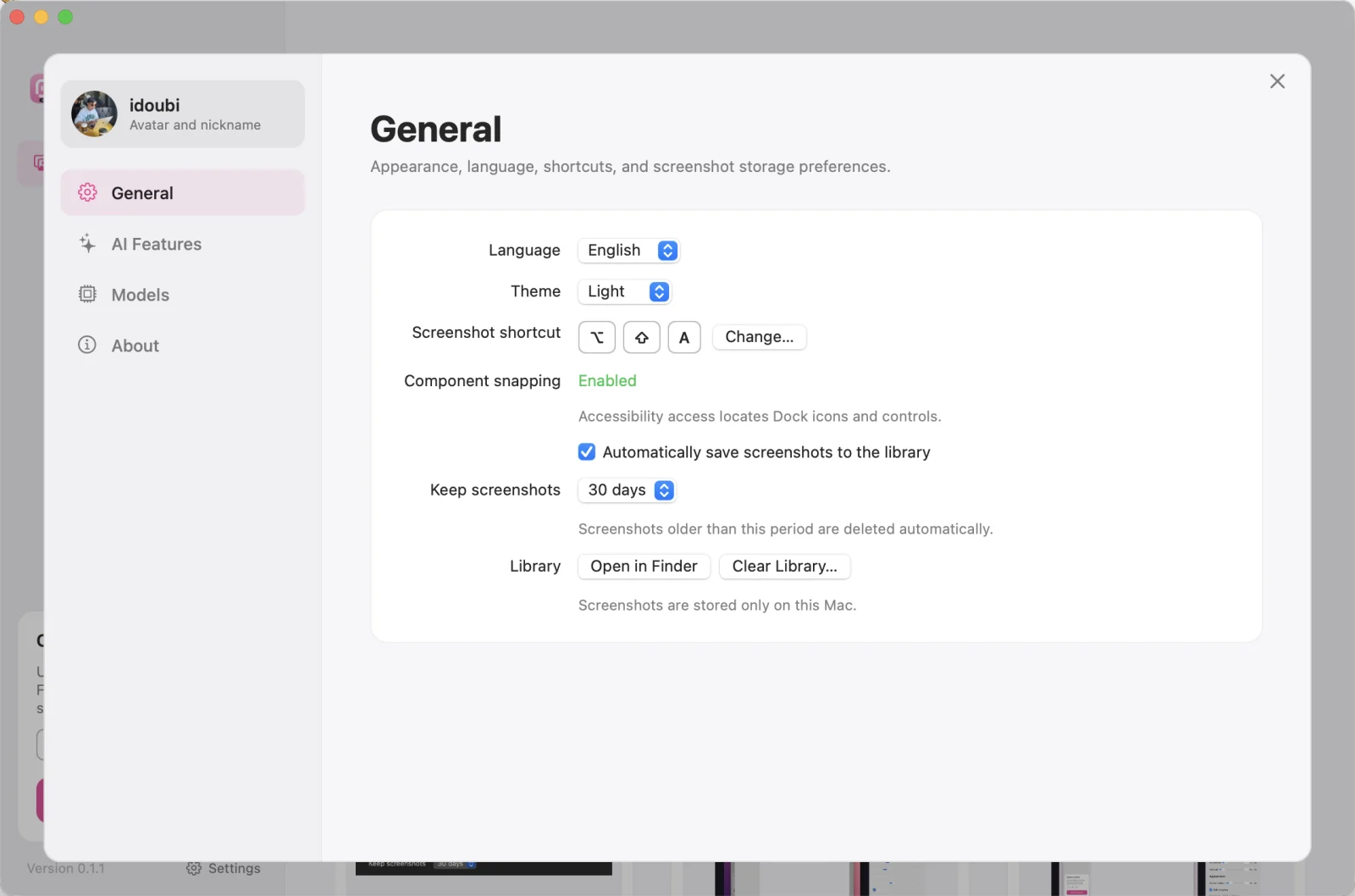 Snapok General settings with language, theme, capture shortcut, component snapping status, auto-save, and screenshot retention