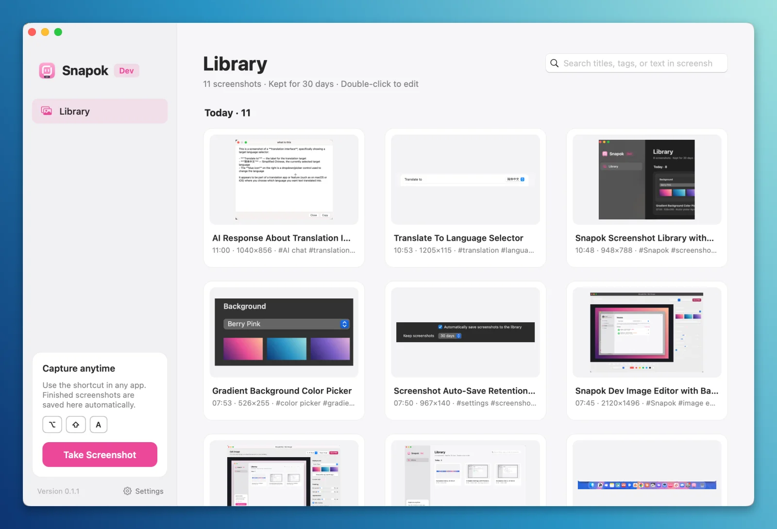 The Snapok screenshot library with captures grouped by day, AI-generated titles and tags, and a search field